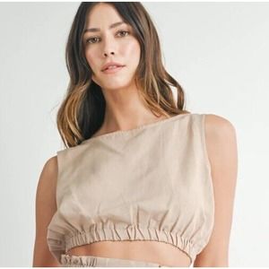 Mable Taupe Andi Sleeveless Linen Crop Top Elastic Waist Sz Small